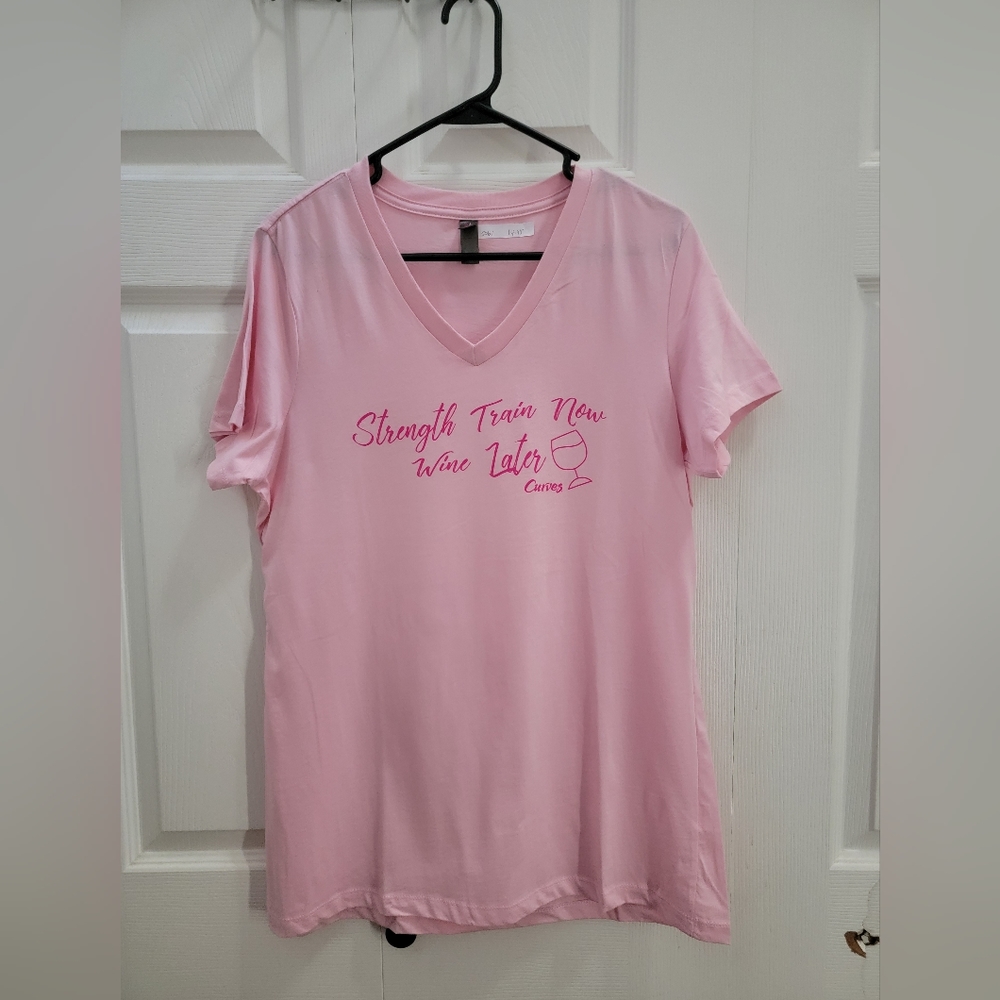 Strength Train Now Wine Later Pink Workout Tee Size L